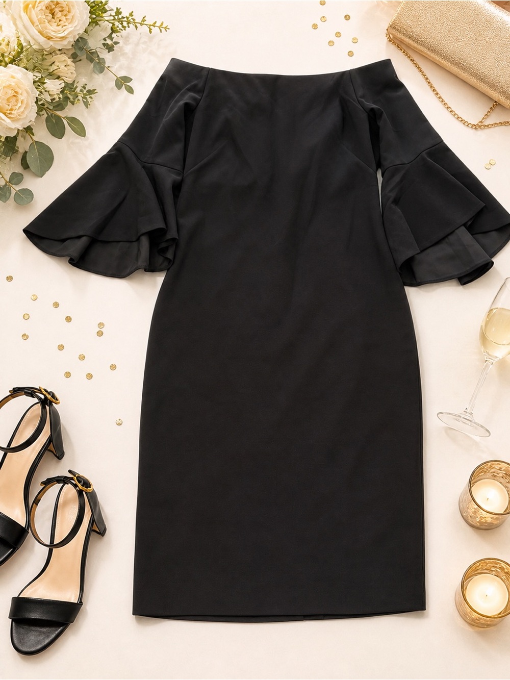 Chelsea28 Black Off-the-Shoulder Ruffle Midi Dress